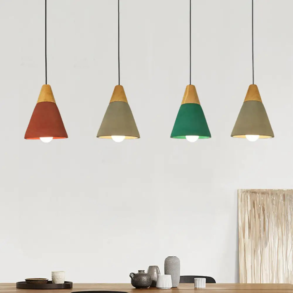 Cement Hanging Pendant Lamp - Macaron Single-Bulb Cone/Bowl Design In Green/Red With Wood Top Green