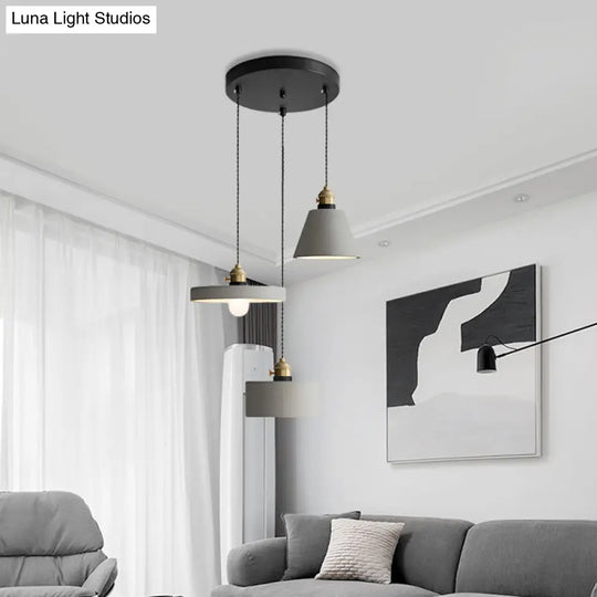 Cement Industrial Geometric Pendant Lamp - Grey 3 Lights Round Canopy