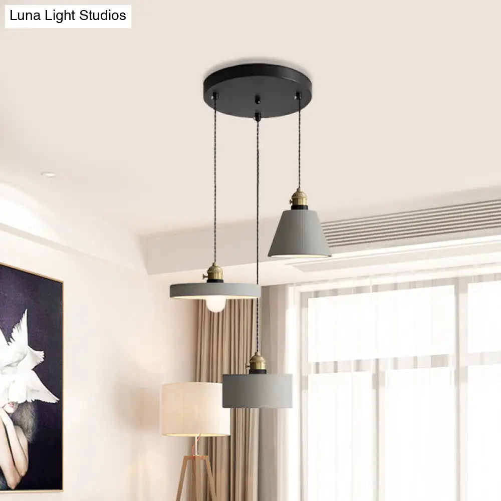 Cement Industrial Geometric Pendant Lamp - Grey 3 Lights Round Canopy