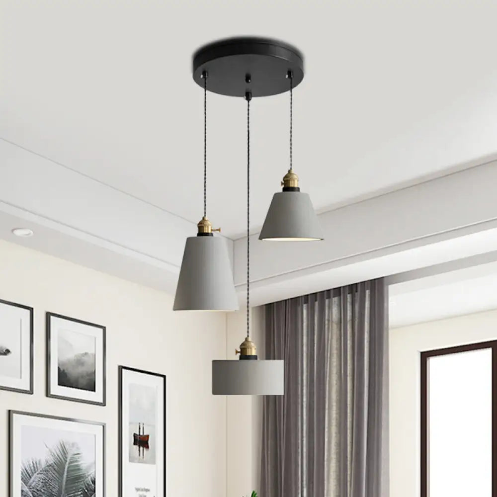 Cement Industrial Geometric Pendant Lamp - Grey 3 Lights Round Canopy / A