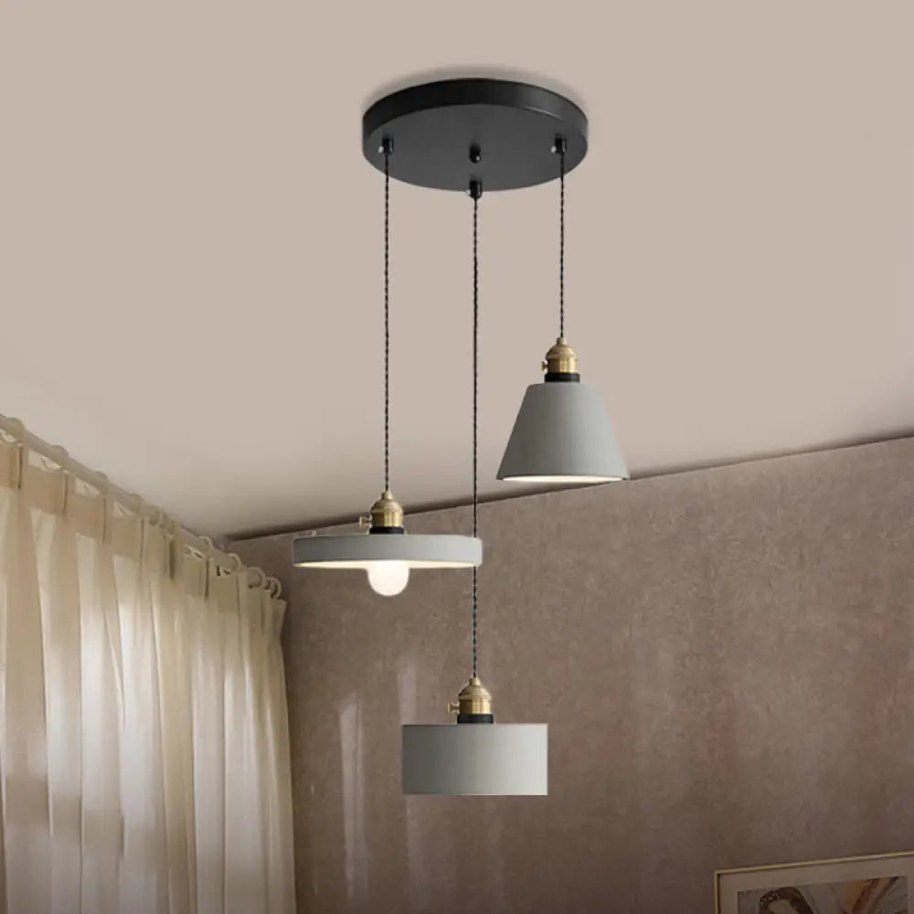 Cement Industrial Geometric Pendant Lamp - Grey 3 Lights Round Canopy / B