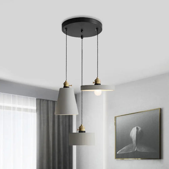 Cement Industrial Geometric Pendant Lamp - Grey 3 Lights Round Canopy / C