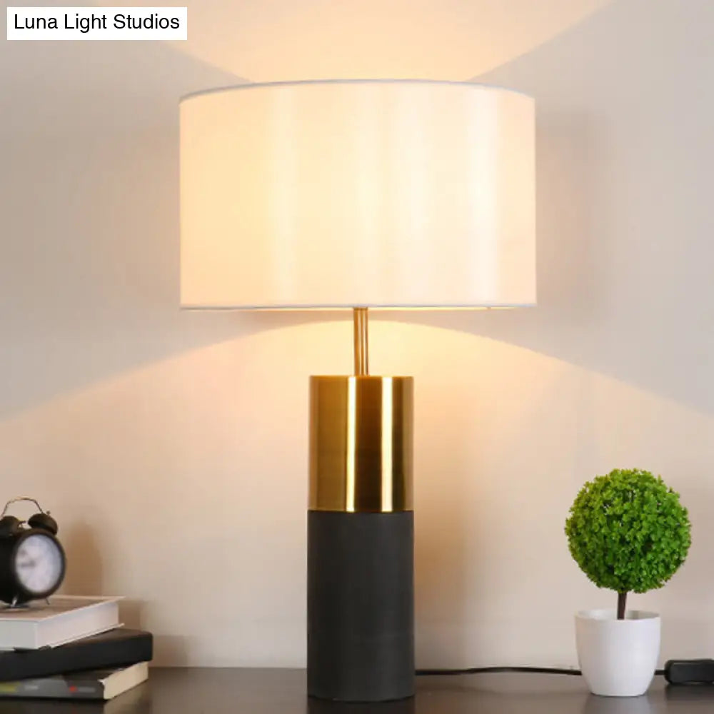 Cement Table Lamp - Minimalistic Single Nightstand Lighting With Drum Fabric Shade