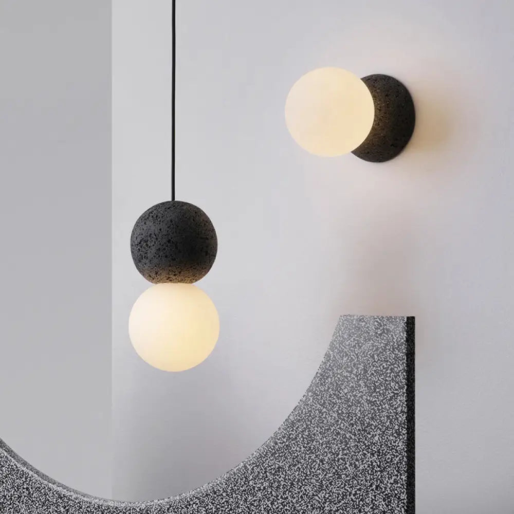 Cement Twin Ball Ceiling Pendant Lamp - Postmodernist Design Black With Opal Glass Shade