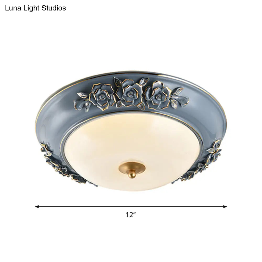 Ceramic Carved Rose Led Ceiling Lamp In Blue With White Glass Shade - Available 12’/14’/18’