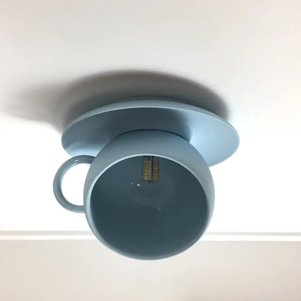 Ceramic Coffee Cup Flush Mount Ceiling Lamp - Rotatable Led Light In White/Grey/Blue Blue
