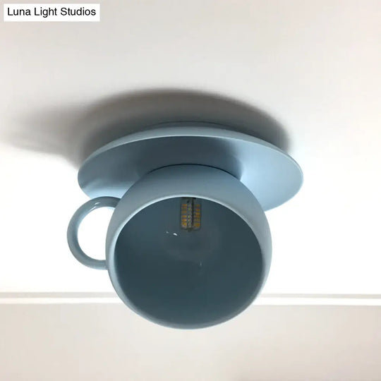 Ceramic Coffee Cup Flush Mount Ceiling Lamp - Rotatable Led Light In White/Grey/Blue Blue