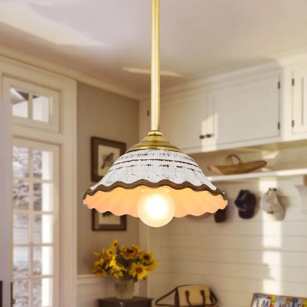 Ceramic Drop Pendant Light With Scalloped Trim In White - Bowl Shape Single Dining Room Pendulum