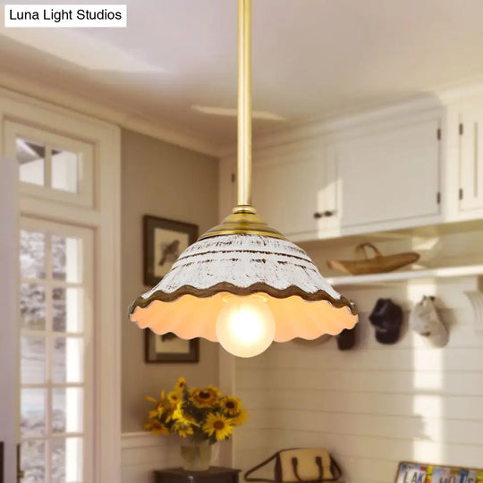 Ceramic Drop Pendant Light With Scalloped Trim In White - Bowl Shape Single Dining Room Pendulum