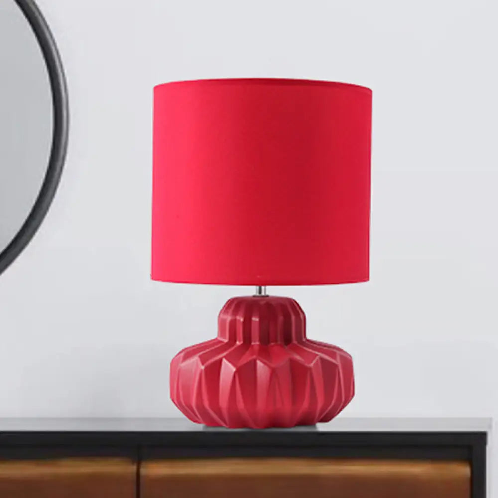 Ceramic Jar Base Retro Nightstand Lamp - Cylinder Fabric Table Light With 1 Bulb For Living Room Red