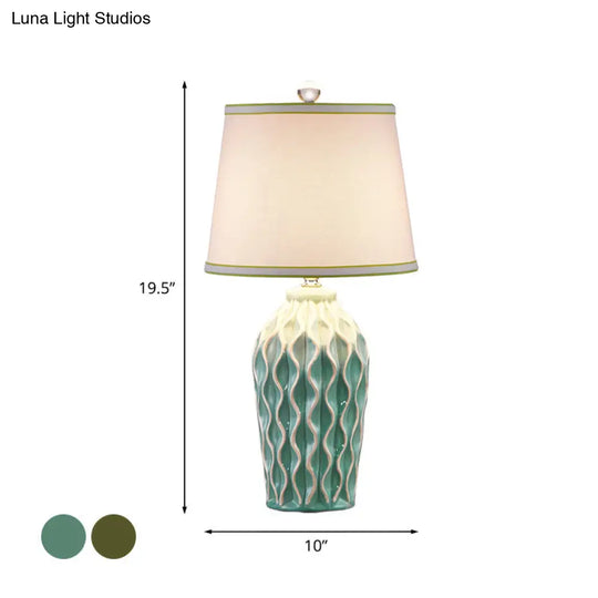 Ceramic Reading Book Light: Rural Blue/Green Twist-Patterned Pottery Table Lighting With Shade