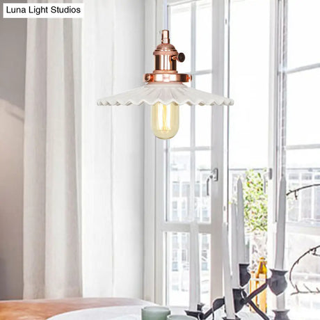 Ceramic Scalloped Edge Industrial Pendant Light With Single Bulb For Dining Rooms In Black Bronze