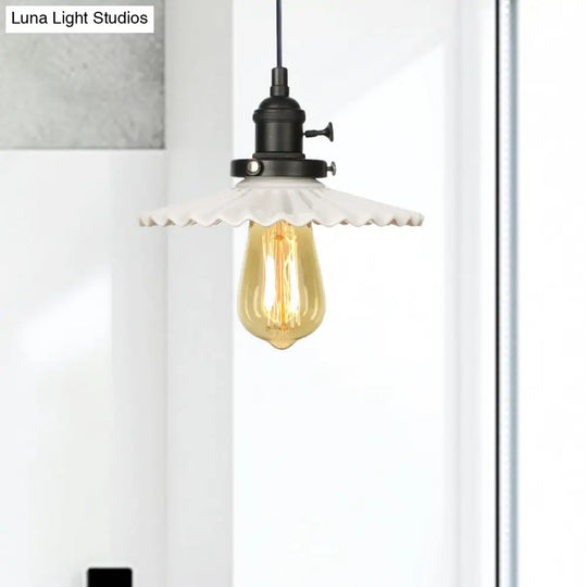 Ceramic Scalloped Edge Industrial Pendant Light With Single Bulb For Dining Rooms In Black Bronze
