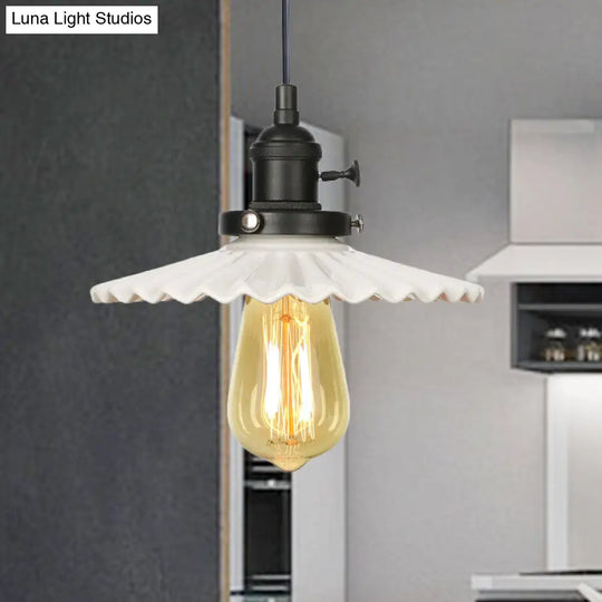 Scalloped Edge Hanging Light Fixture - Ceramic Pendant Ceiling For Industrial Dining Rooms (1 Bulb)
