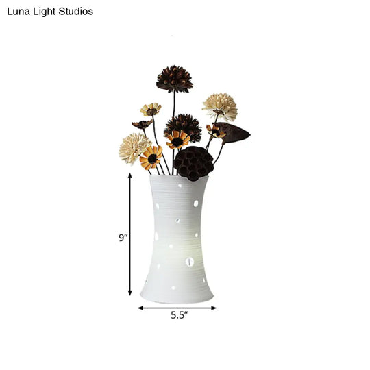 Ceramic White Nightstand Lamp: Led Pastoral Table Light (5.5/7) With Dried Flower Decor