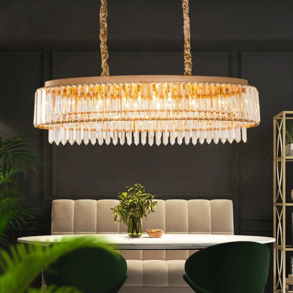 Champagne Crystal Prism Island Pendant - Modern Chic Oval Dining Room Light Fixture