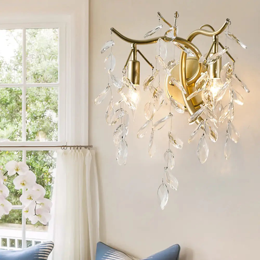 Champagne K9 Crystal Wall Sconce & Fixture: 2-Light Foliage Design For Bedroom