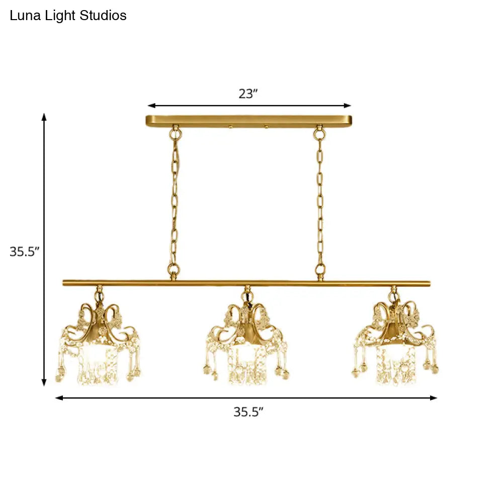 Champagne Vintage-Style Crystal & Metal Pendant Light: 3-Light Island Lighting For Living Room
