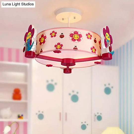 Charming 3-Light Pink Fabric Ceiling Light For Girls Bedroom Red