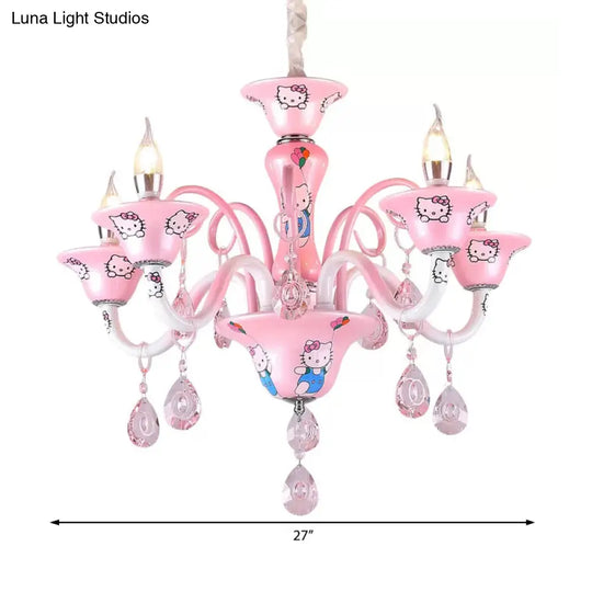 Charming Pink Bell Pendant Light With Crystal & Cute Cartoon Metal For Girls Bedroom