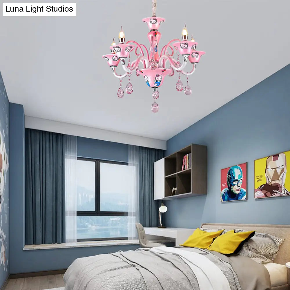 Charming Pink Bell Pendant Light With Crystal & Cute Cartoon Metal For Girls Bedroom