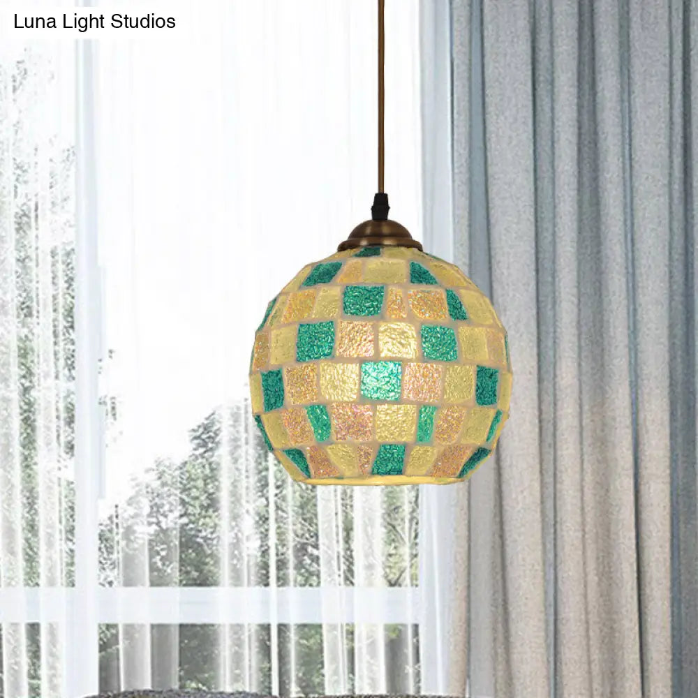 Tiffany Checkered Globe Pendant Lamp - Single Green & White Glass Hanging Light