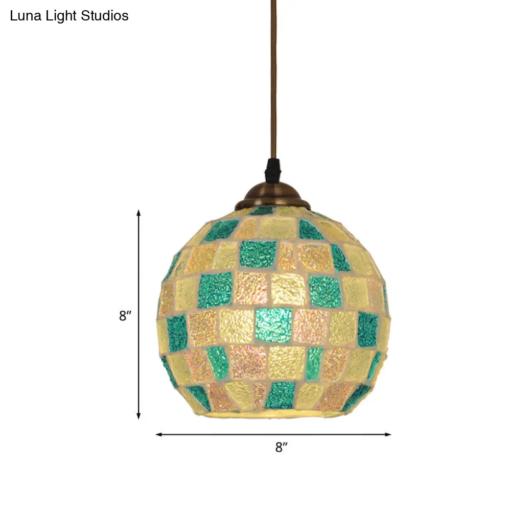 Checkered Globe Pendant Lamp - Tiffany Style Green And White Glass Hanging Light Fixture