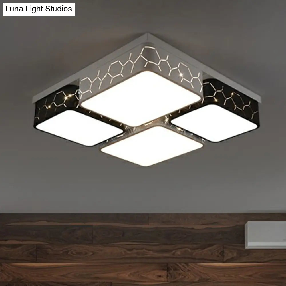 Checkered Led Flush Light: Black & White Nordic Ceiling Lamp With Acrylic Hollow Design