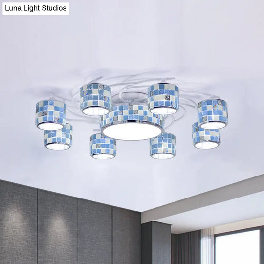 Blue Glass Drum Chandelier - Mediterranean Checkered Semi Flush 11 Lights Perfect For Living Room