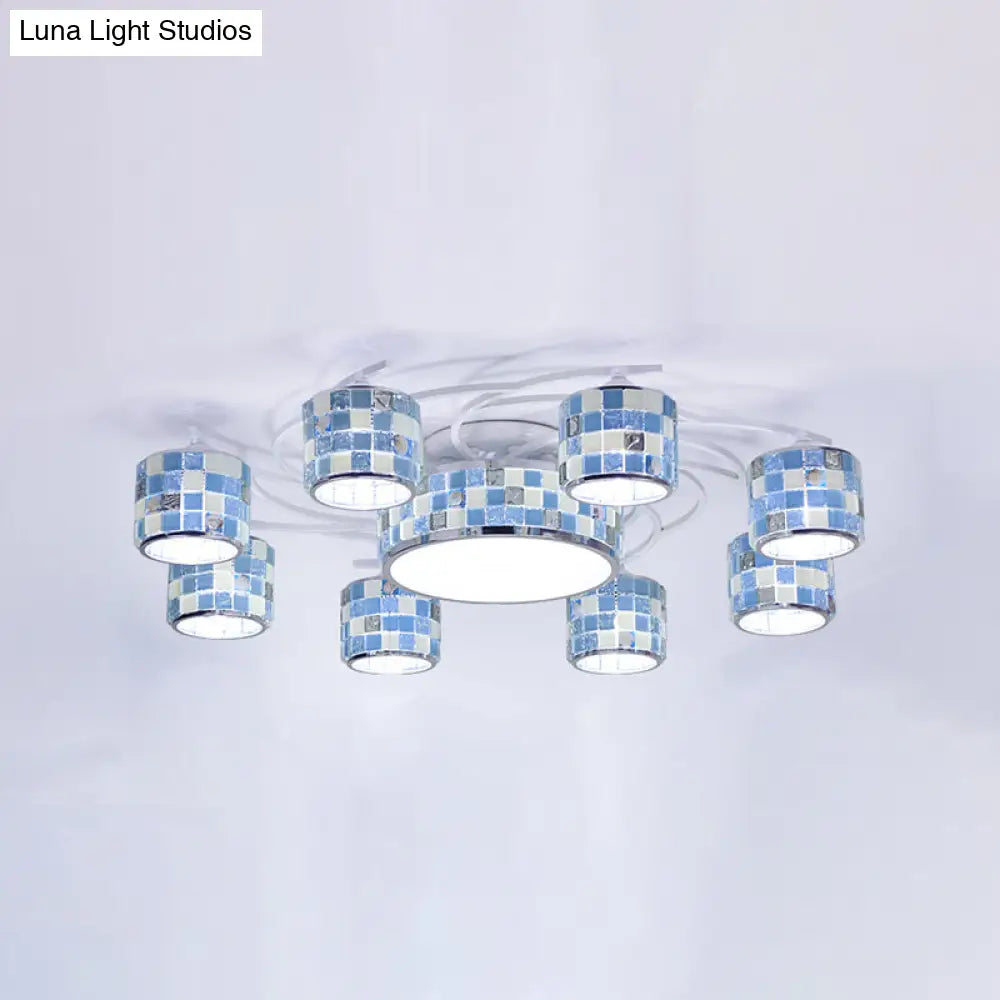 Checkered Semi Flush Blue Glass Chandelier - Mediterranean Drum Style 11 Heads Ceiling Mounted For