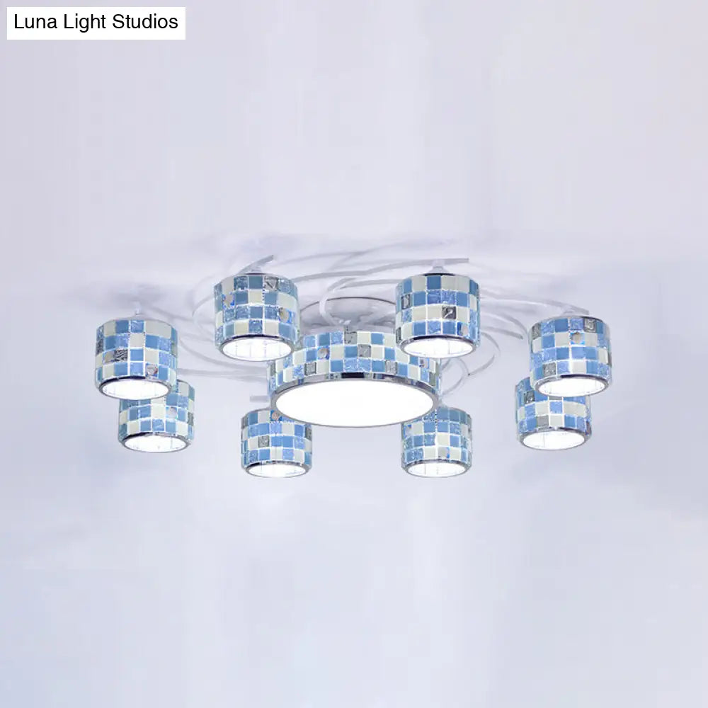 Blue Glass Drum Chandelier - Mediterranean Checkered Semi Flush 11 Lights Perfect For Living Room