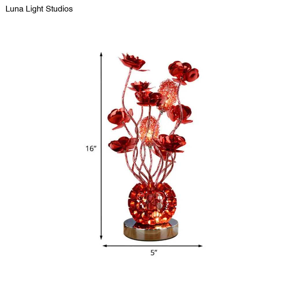 Red Aluminum Led Night Lamp With Global Design & Rose Decor - Curvy Stick Desk Light