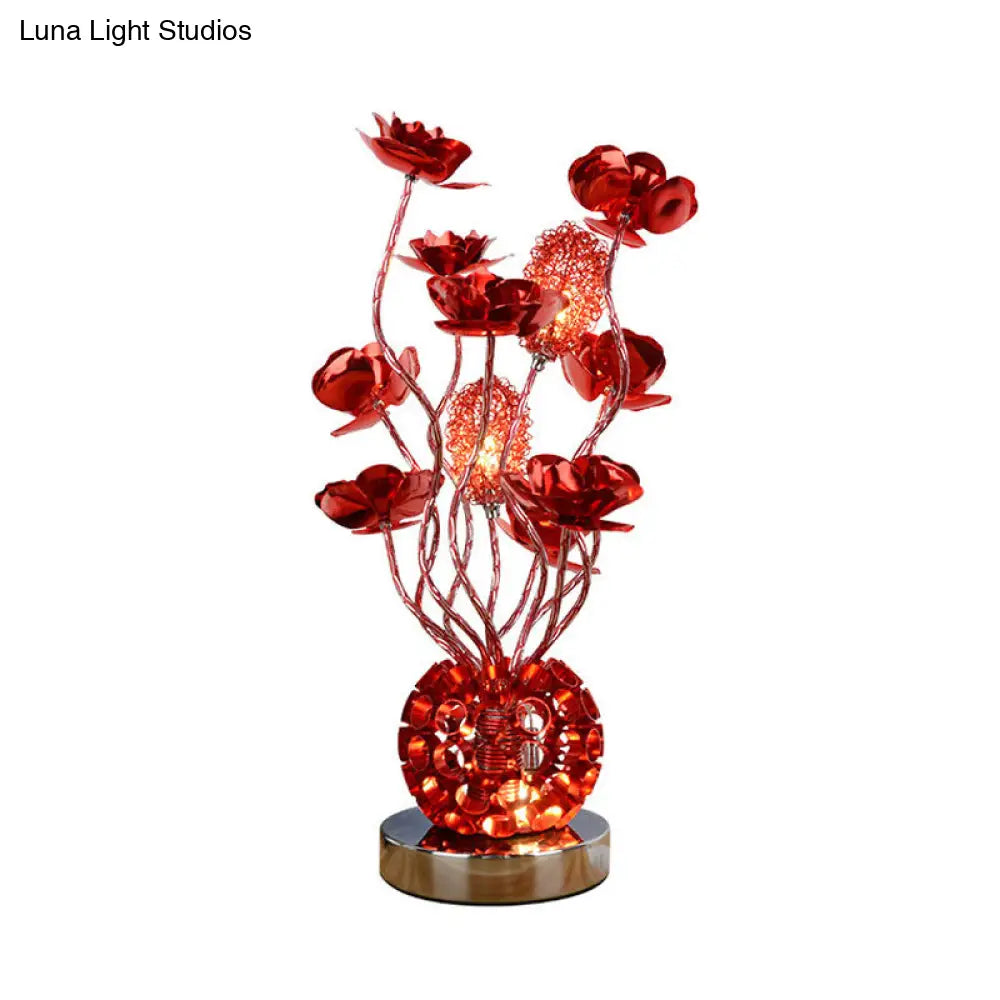 Red Aluminum Led Night Lamp With Global Design & Rose Decor - Curvy Stick Desk Light