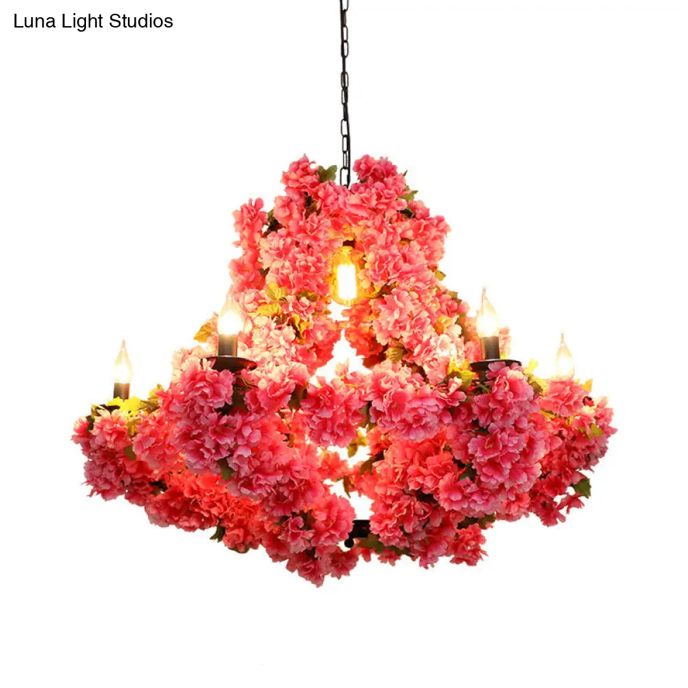 7-Light Cherry Blossom Chandelier In Antique Pink Metal - Led Pendant Light For Restaurants