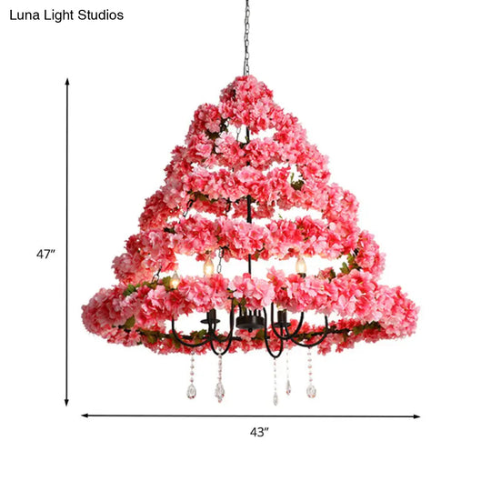 Cherry Blossom Chandelier: Industrial Metal Pink Hanging Lamp With Crystal 5 Bulbs 31.5/43 Width