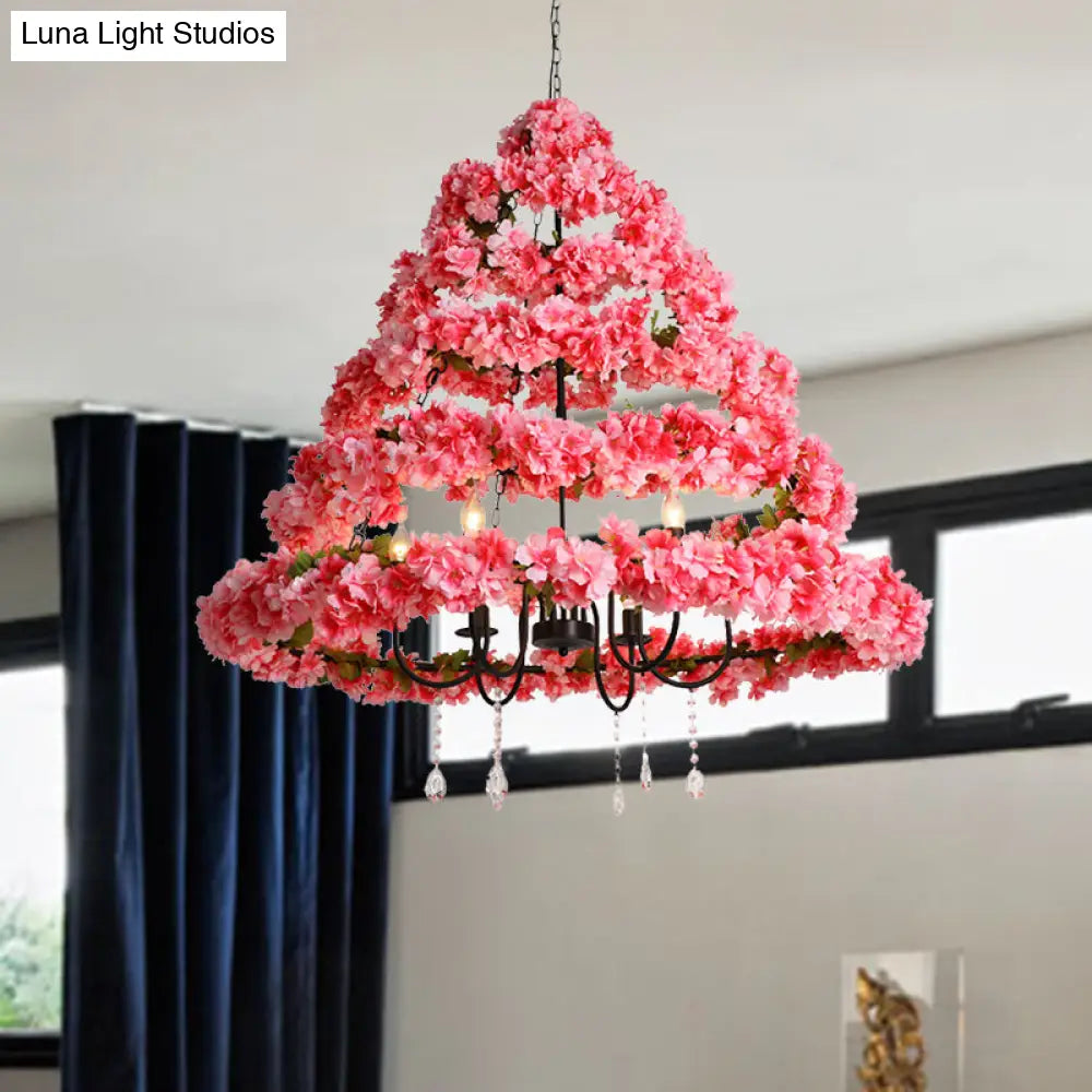 Cherry Blossom Chandelier: Industrial Metal 5-Bulb Pink Hanging Lamp With Crystal 31.5’/43’ Width