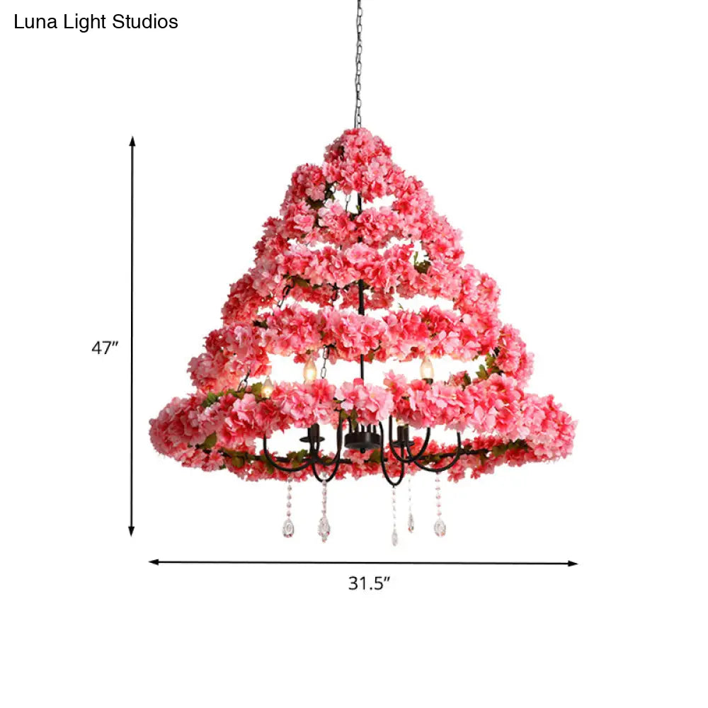 Cherry Blossom Chandelier: Industrial Metal Pink Hanging Lamp With Crystal 5 Bulbs 31.5/43 Width