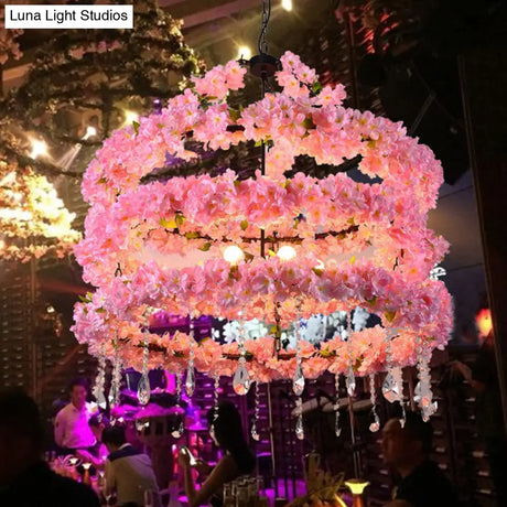 Cherry Wreath Chandelier - 6-Bulb Loft Style Pink Metallic Ceiling Light With Crystal Deco