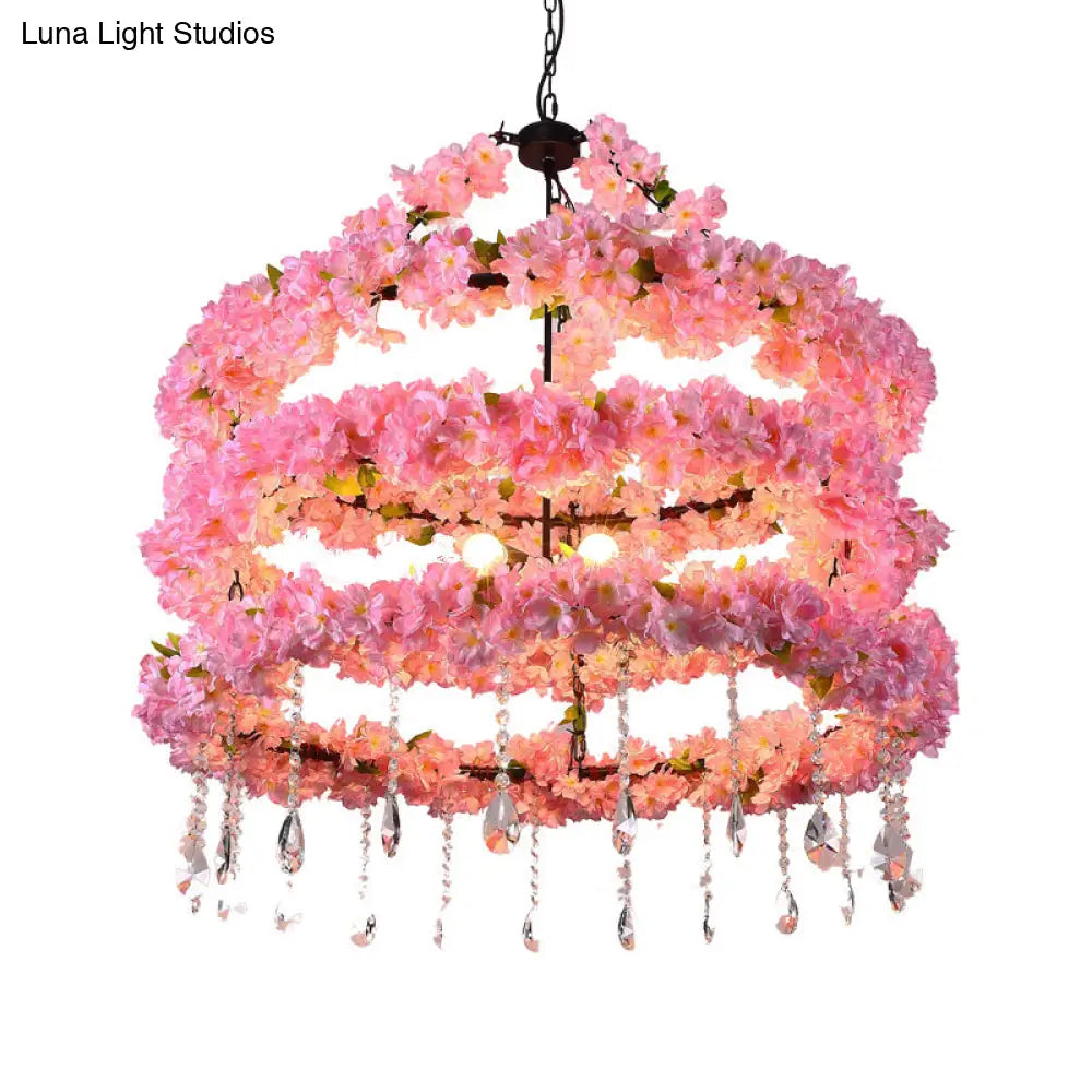 Cherry Wreath Chandelier - 6-Bulb Loft Style Pink Metallic Ceiling Light With Crystal Deco