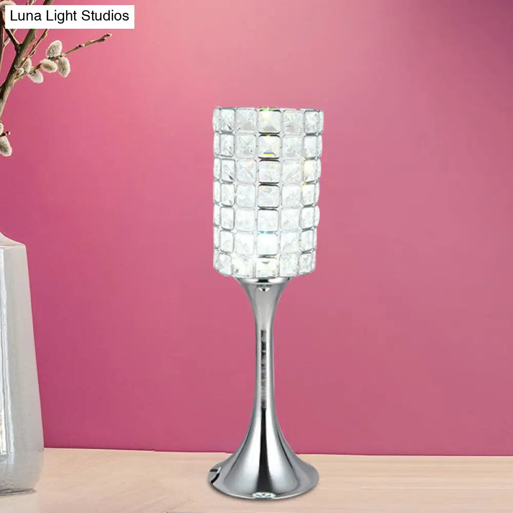 Minimalist Crystal Cylinder Led Desk Lamp In Chrome For Study Room