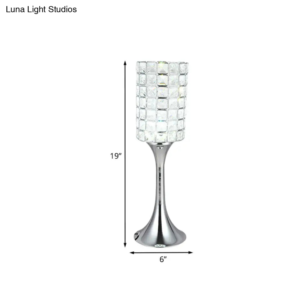 Minimalist Crystal Cylinder Led Desk Lamp In Chrome For Study Room