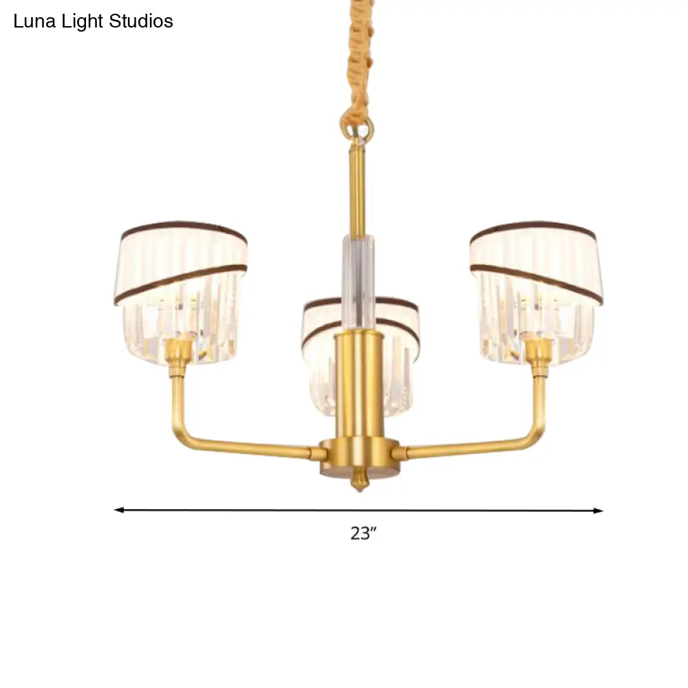 Chic 3-Head Brass Chandelier With Crystal Shade - Modern Hanging Light Kit