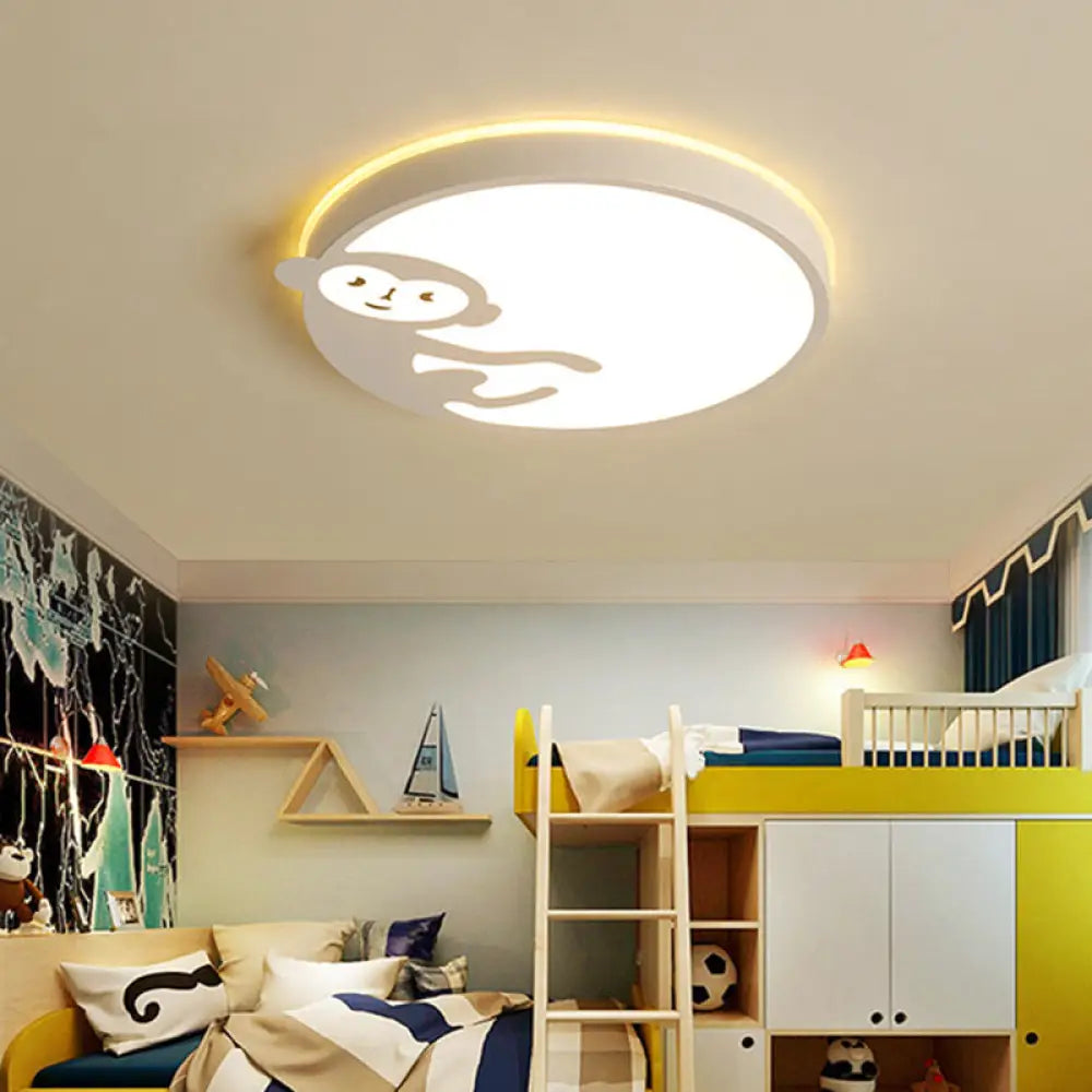 Child Bedroom Ceiling Mount Light With Monkey Design In White - Kids Fixture / Warm