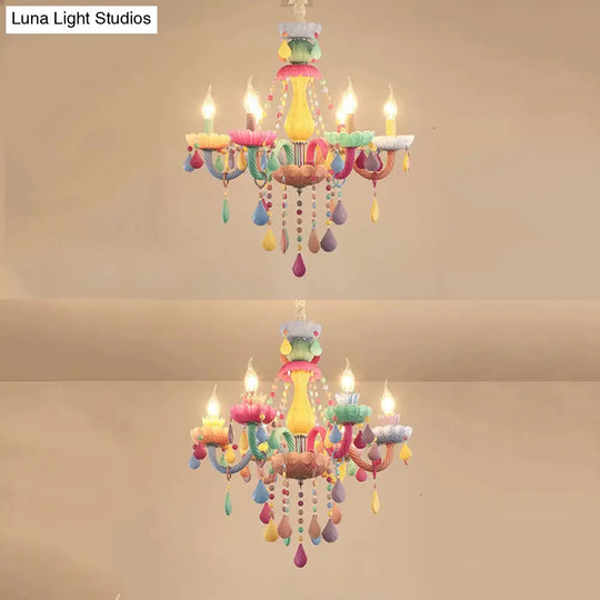 Child Bedroom Multi-Color Chandelier With 6 Crystal Glass Candle Pendant Lights