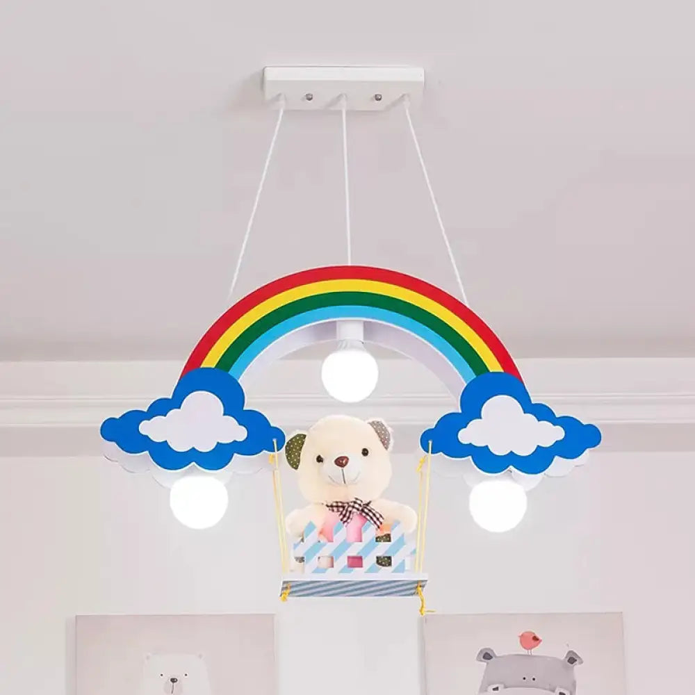 Child Bedroom Wood Rainbow Chandelier - Multi-Color Pendant Light With Toy Bear 3 Lights