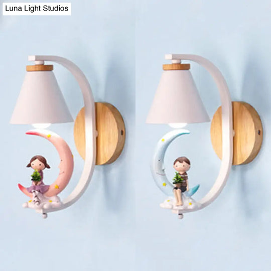 Child & Moon Coolie Wall Light - Cartoon Resin Sconce For Nursing Room