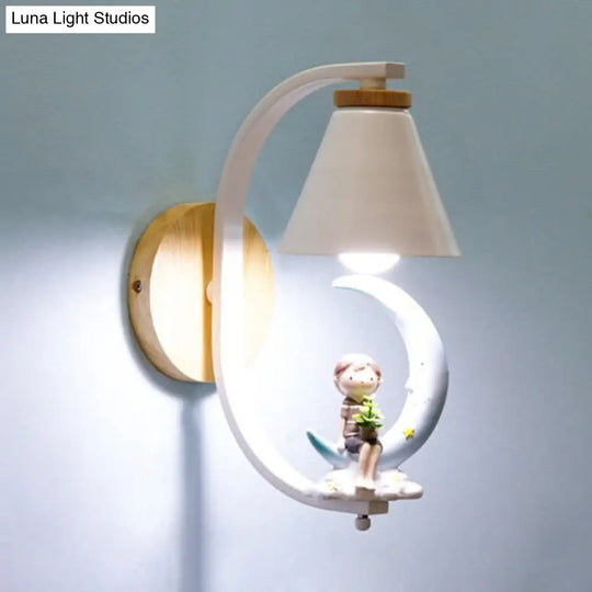 Child & Moon Coolie Wall Light - Cartoon Resin Sconce For Nursing Room