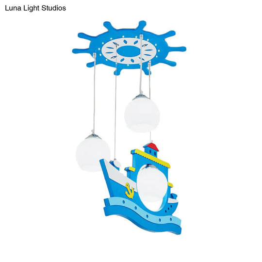 Children Style Wooden Rudder Canopy Hanging Light With 3 Blue Shaded Suspension Pendant And Boat