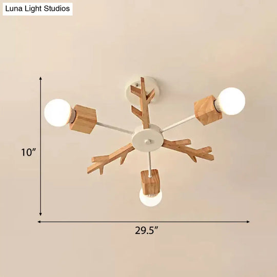 Childrens Beige Wood Snowflake Chandelier With Bare Bulb For Living Room