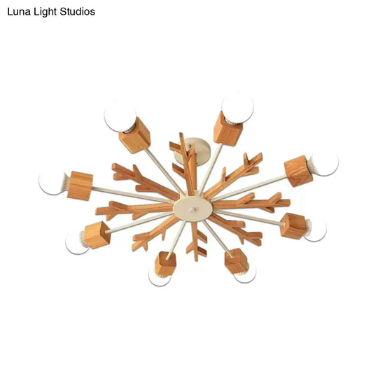 Childrens Beige Wood Snowflake Chandelier With Bare Bulb For Living Room